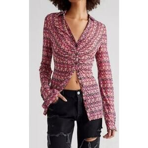 Free People 70s Groovy Hippie Lucky Mesh Shirtee Blouse Top Shirt Pink Berry S
